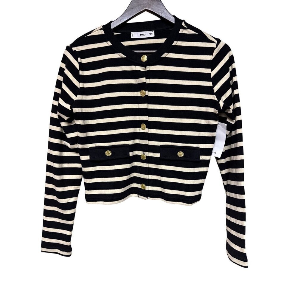 NEW MNG Women's Sweater Cardigan Black Ivory Stripe Gold Button Preppy Small